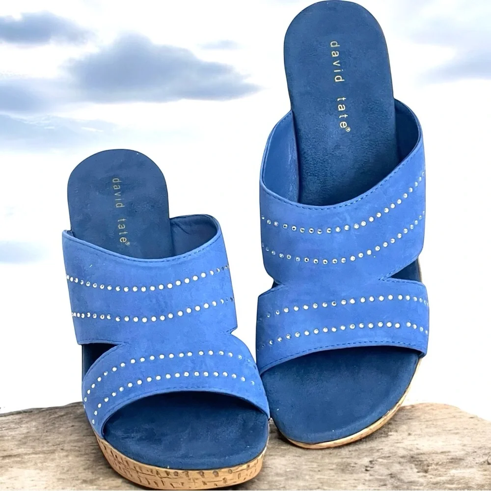 David Tate Wedge Open Toe Slip On‎ Sandals Leather Upper Embedded Rhinestones